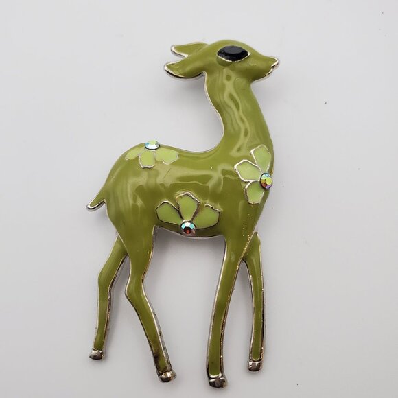 Vintage Large Olive Green Enamel Fawn Pin Brooch | Faceted Stones Floral Accents - Picture 1 of 4